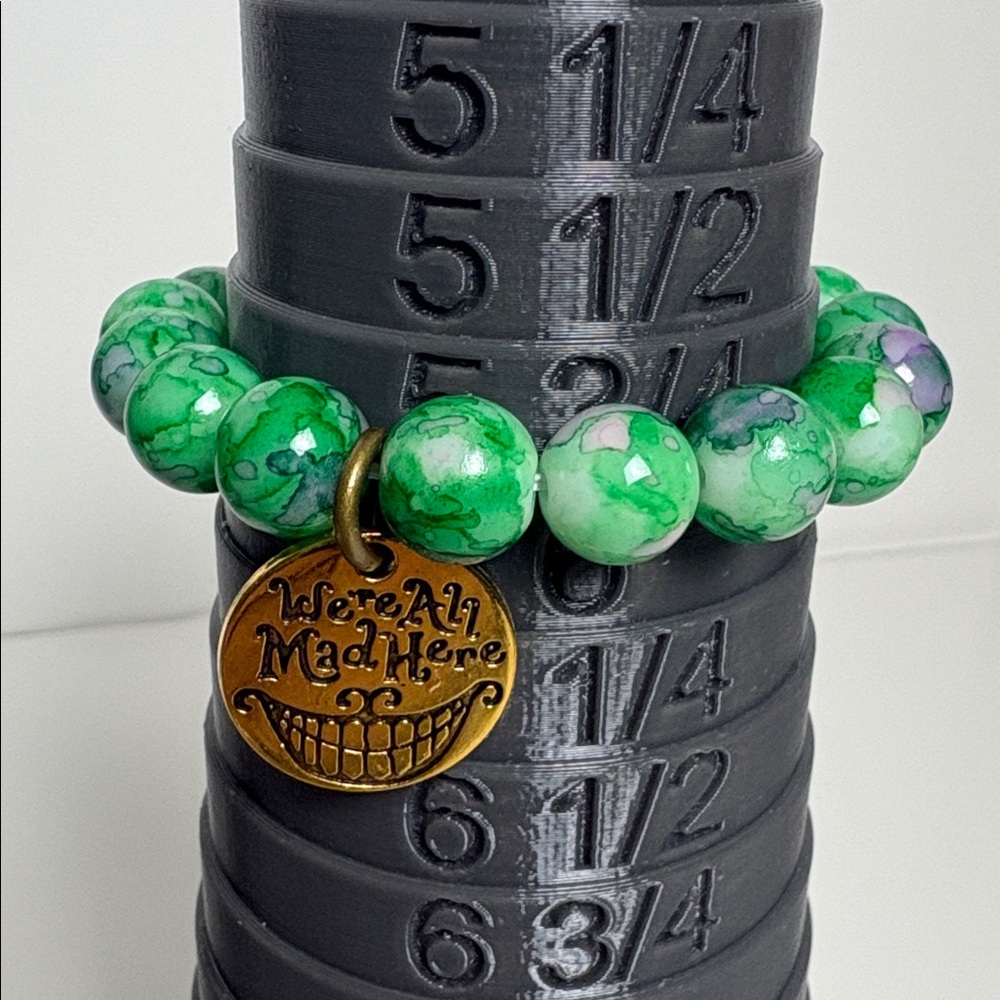 Cheshire Cat Green Pink Glass Beaded Bracelet with Gold Charm